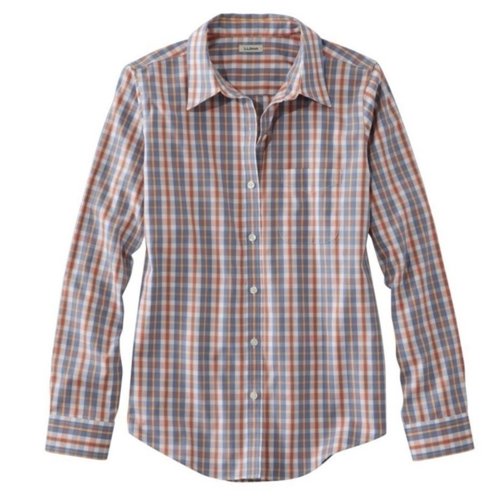 LL Bean Blue Orange Plaid Long Sleeve Pinpoint Oxford Button Shirt LARGE PETITE